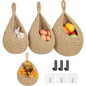 Boho Wall Hanging Fruit & Vegetable Baskets for Kitchen - 3 Pack Linen Woven Produce Holder with 6 Strong Hooks (30 LBS Max), Teardrop Potato Onion Storage for Home Wall Organizing