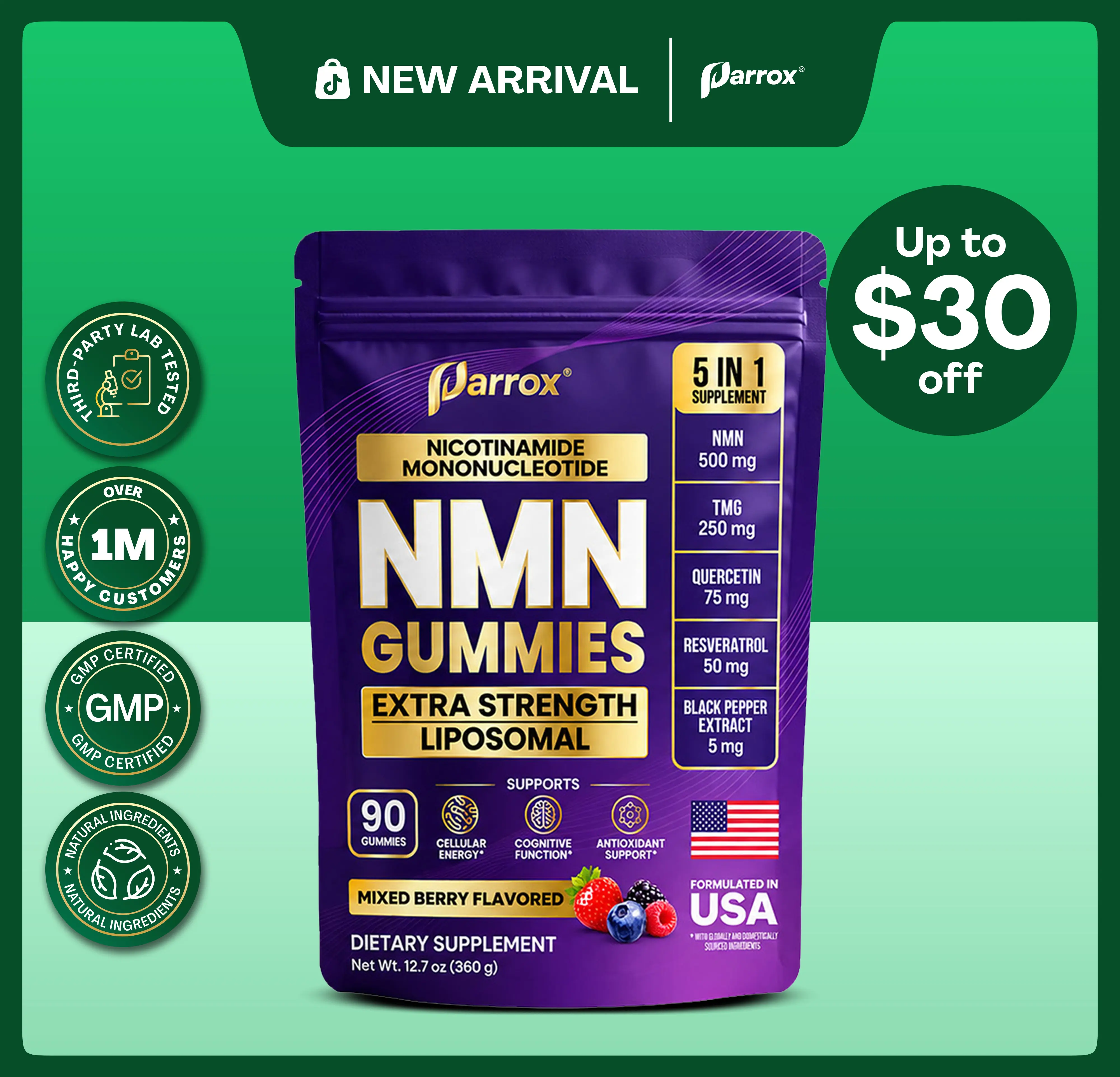 Parrox NMN Gummies (Mixed Berry Flavor) – 5 in 1 Liposomal NMN Supplement - Energy, Brain, & Anti-Aging Support - (90 Gummies)