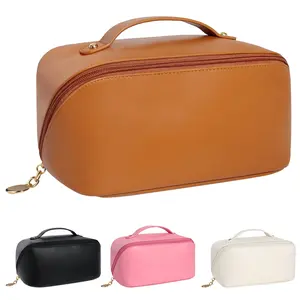 Large Capacity Travel Makeup Bags for Women, Cute Portable WaterProof PU Leather Travel Cosmetic Bag W/Handle and Divider, Organizer Storage Travel Toiletry Bag