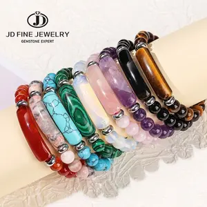 JEWELRY4U - JD Natural Stone Tiger Eye Amethyst Rectangle Bar Charm Bracelet Women Men Healing Stone Powder Crystal Rough Chakra Jewelry