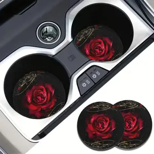Red Rose Pattern Car Coaster, Round Anti-slip Car Cup Holder Coaster, Highly Absorbent Car Cup Holder Pad, Car Interior Accessories for Women & Men, Car Interior Accessories Girls