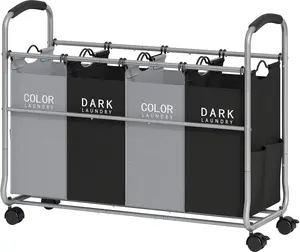 Laundry Sorter 4 Sections, Laundry Separator Hamper with Heavy Duty Lockable Rolling Wheels, Laundry Divider with Removable Bags for Dirty Clothes Storage, Black & Grey