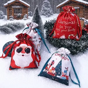 2025 Christmas Drawstring Gift Bags 4-12PCS Large Reusable Cloth Holiday Bags with Santa Snowflake & Reindeer Print Perfect for Wrapping Presents & Goodies