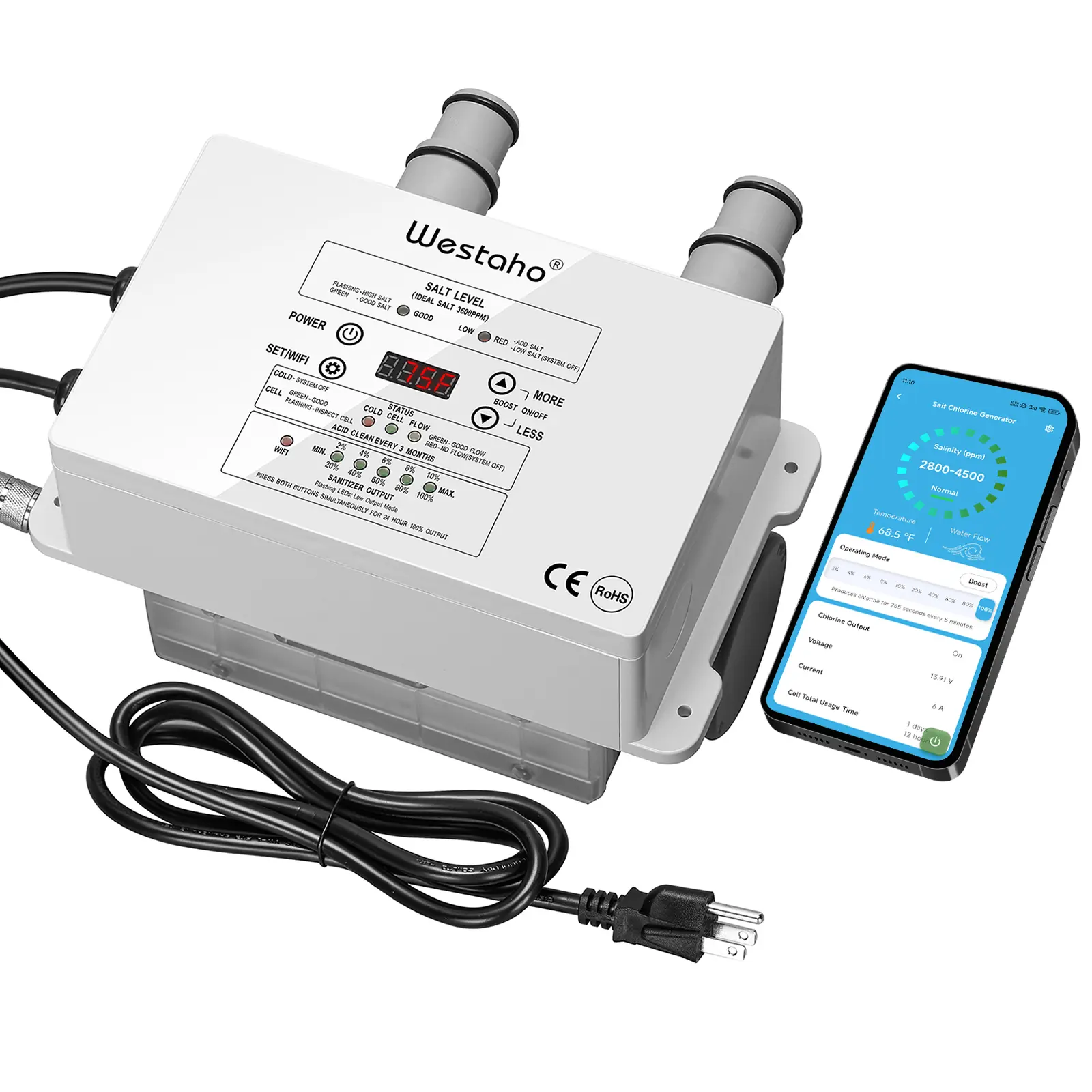 Westaho WiFi Salt Chlorine Generator for Pool Maintenance, American-Made Titanium Cell, APP Remote & Intelligent Control Panel, IP66 Waterproof, Compatible with Intex Above Ground Pools Up to 15,000 Gal (White Black)