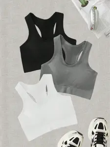 Three Piece Wireless Seamless Bra Set with Wide Straps, Comfortable Nude Feel Sports Bra and Yoga Vest for All Seasons, Seamless Sports Bras, Women Workout Clothes