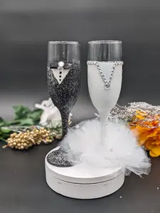 The Wedding Party Glass Duo - Elegant Bride & Gentleman Glasses with Rhinestone Bust & Bow Tie Design for Special Celebrations