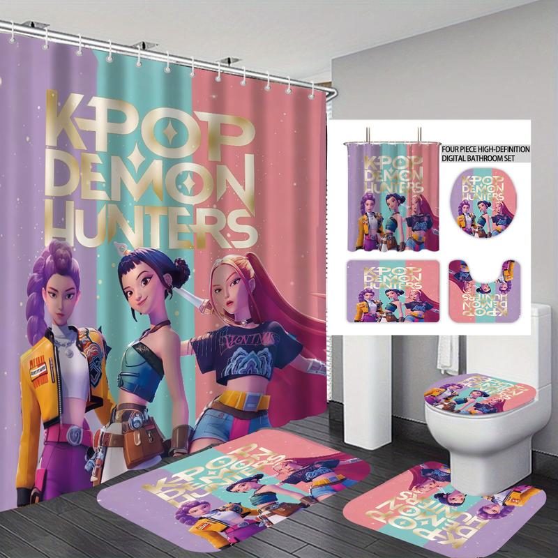 K-POP Demon Hunters Bathroom Set, Shower Curtain with Hooks, Non-Slip Bath Rug, U-Shaped Toilet Mat, Toilet Lid Cover, Bathroom Decoration Accessories, Bathroom Shower Equipment