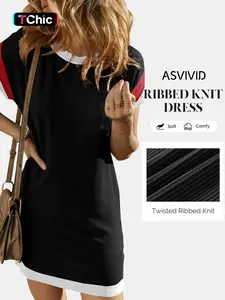 Women's Summer Casual Daily Commuter Twisted Ribbed Knit Colorblocking Round Neck Slim Short Sleeve Dresses