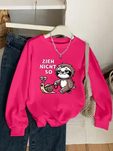 Spring Autumn Zieh Nicht so Sloth Print Casual Fitted Round Neck Sweatshirt, Cartoon Geometric Pattern, Women's Fashion