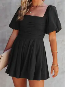 Square Neck Ruched Puff Sleeve Romper, Ruched Bodice Front While Smocked Back.