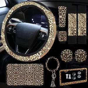 Tallew 10 Pieces Leopard Print Car Accessories Set Diamond Cheetah Leopard Steering Wheel Cover Seat Belt Licence Frame Armrest Pad Cover Cup Holder Keyring Bracelet for SUV Car Truck