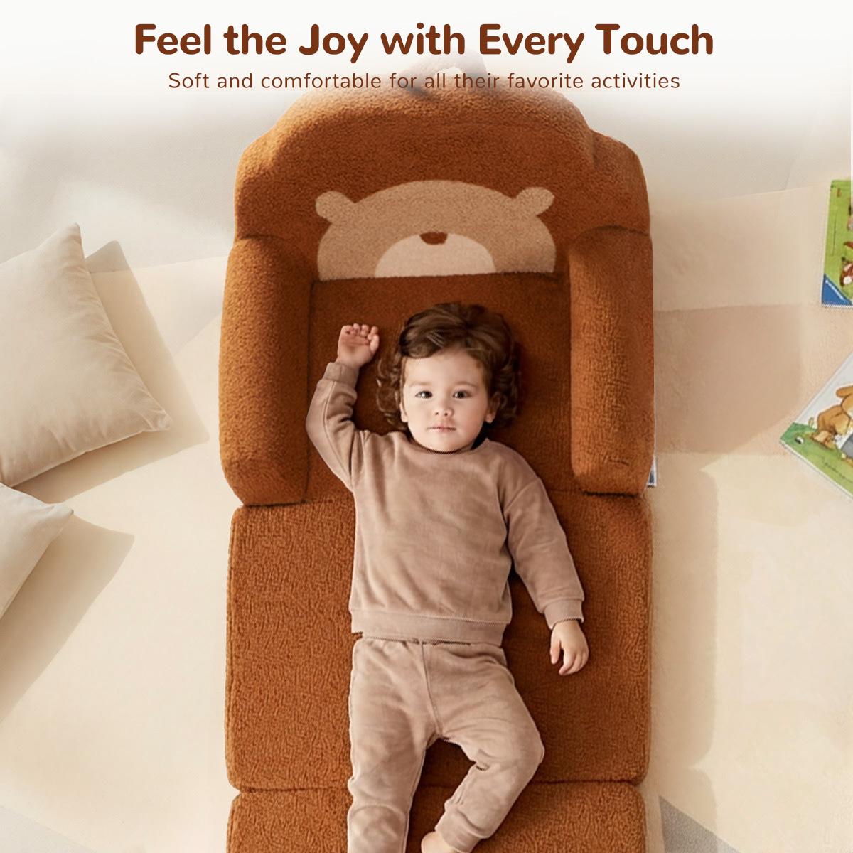 COMOMY Toddler Couch, 2 in 1 Kids Couch, Foldable Baby Soft Couch Chair for Boys and Girls Gift, Convertible Sofa to Lounger- Ideal for Napping, Reading, and Playing, Bear, Brown