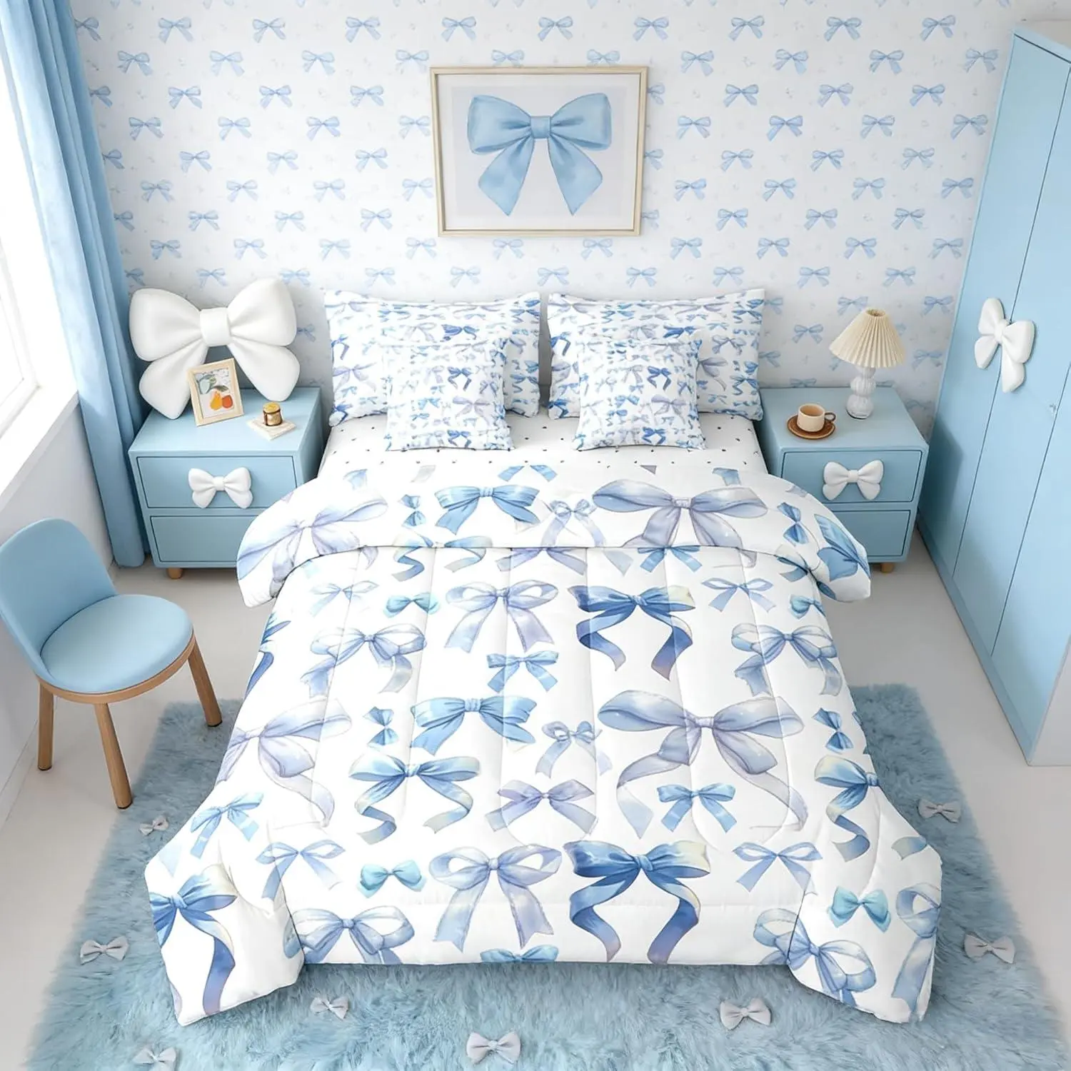 Feelyou 7-Piece Multi-Size Cute Bed Comforter Set - Ultra Soft Girly Blue Bowknot Blanket, Bedsheets, Ribbon Coquette Bed Bag, Blanket for Daughters, Ideal for Halloween, Father's Day, Thanksgiving, Cute Bedding Sets