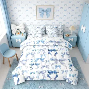 Blue Girly Bowknot 7 Piece Bedding Set,Kids Kawaii Bow Comforter Bed Set with Sheets,Ribbon Coquette Bed Bag,Dreamy Bed Set