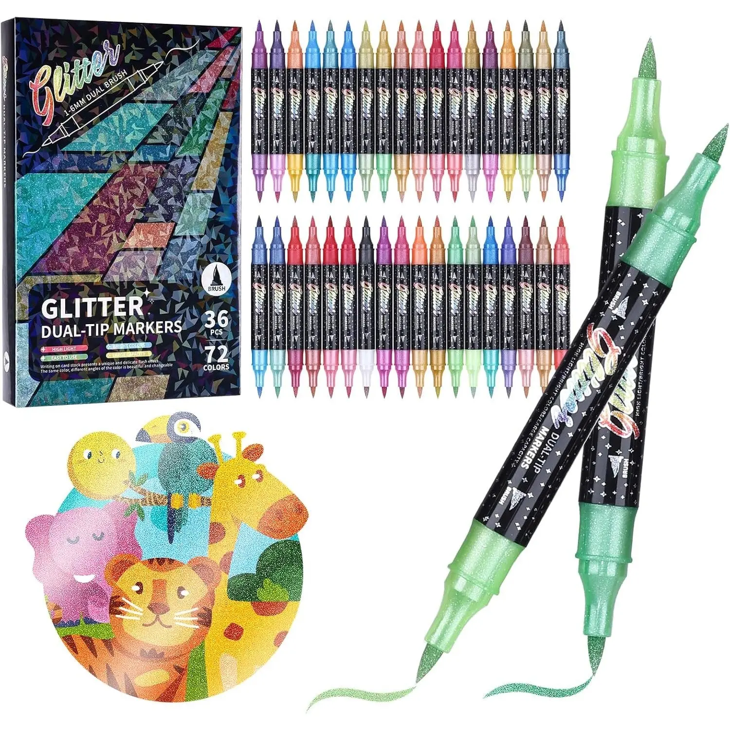 36pcs Dual-Tip Glitter Art Markers Set - Colorful Marker Pen, Flexible Tip Pens, Metallic Sparkle Office Stationery Supplies for Adult Coloring, Creative Craft Kit, Dual Tip Pens