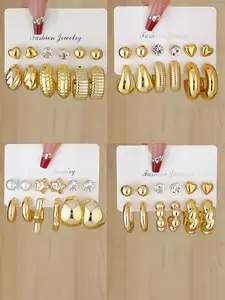 12-Piece Ccb Earring Set with Rhinestones, Plated, Lightweight Design, Eco-Friendly Electroplating, Perfect for Daily Wear