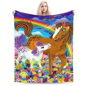 Lisa Frank Soft Flannel Blanket - Bright Cartoon Horse and Rainbow Pattern, Suitable for All Seasons in Living Room, Office, Sofa, and Travel Essential