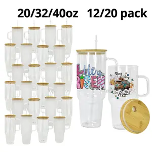 20/32/40oz Sublimation Glass Mug with Handle & Bamboo Lid Tumblers 12/20 Pcs Bulk Set Insulated Straw Cup for Iced Coffee Smoothie Soda Fruit Juice DIY Festive Gifts