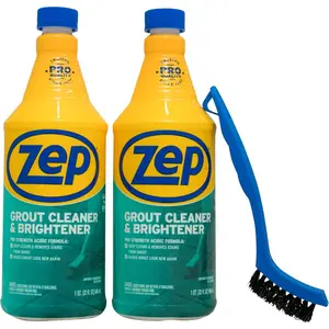 Zep Grout Cleaner and Brightener and Easy to Use Handheld Brush - 32 oz (Case of 2) - ZU104632 - Deep Cleaning Formula Removes Old Stains From Grout