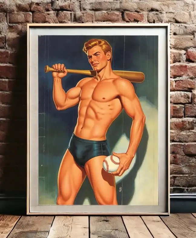 Vintage Male Pin-Up Poster | Bat Man Retro Gay Art Print | Classic Gay Jock Sports Illustration | Mid-Century 1950s Physique Decor