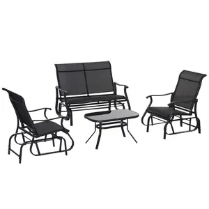 Outsunny 4 Pieces Gliders Set, Outdoor Furniture Sets with 2-Person Glider Patio Bench, Single Sling Chair and Glass Coffee Table for Backyard, Lawn and Garden, Black