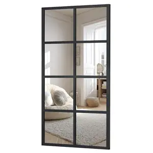 Rectangular Window Pane Mirror  - Modern Black Metal Framed Wall Mirror for Living Room, Bedroom, Bathroom - Large HD Glass with Safety Membrane - Grid Decorative Mirror for Entryway