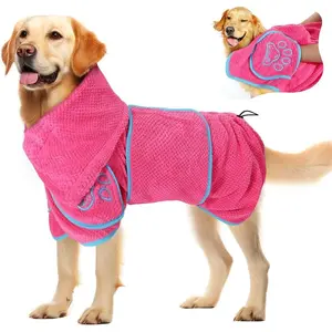 Dog Bathrobe Drying Coat – Super Absorbent Microfiber Towel Wrap with Adjustable Collar & Belly Strap, Fast Drying Bath Robe for After Bath Swim, for Large Medium Small Dogs (Pink L)