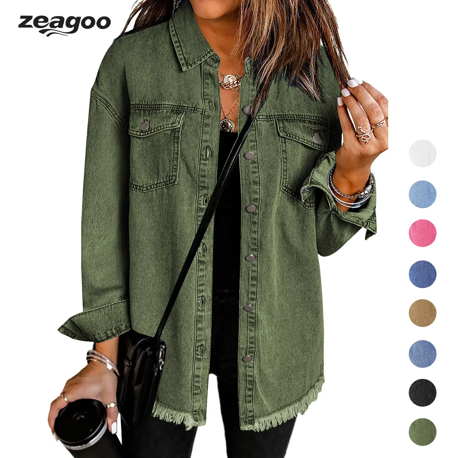 ZEAGOO Jean Jackets for Women Ripped Fringe Denim Jean Jacket Casual Long Sleeve Pockets Jackets Coat Fabric Fashion Womenswear Soft – Back to Schoo