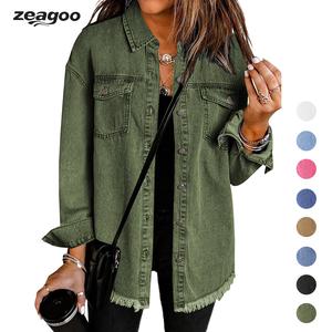 Women’s Jean Jackets for Women Ripped Fringe Denim Jean Jacket Casual Long Sleeve Pockets Jackets Coat Fabric Fashion Womenswear Soft  – Back to School Outfit Idea summerwins