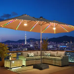 POUUIN Oversized 15FT Double-Sided Patio Umbrella with RGB Solar Lights, High-end Outdoor Large Pool Umbrellas with Crank Handle, Solar-Powered Color-Changing & UV-Protective, Rectangular Market Umbrella with Base Included for Garden, Deck, Backyard, Pool