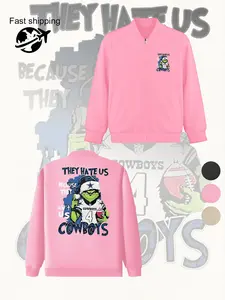 Women's Grinch Print Zipper Long Sleeve Jacket, Casual Fitted Flight Jacket for All Seasons, Fashion Outerwear for Daily Wear and Outdoor Activities