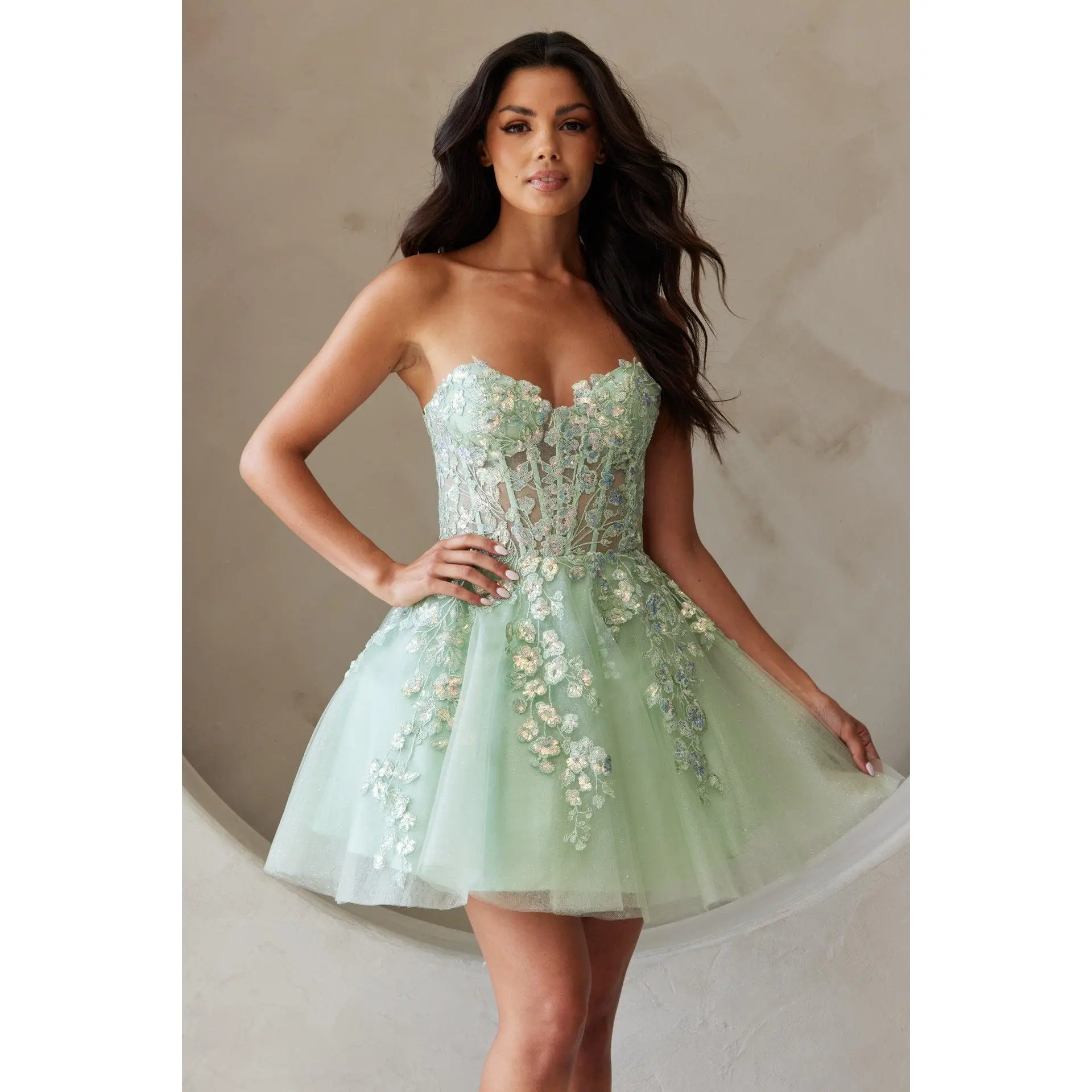Amelia Couture BZ9024S - Floral Embellished Fit and Flare Mini Dress