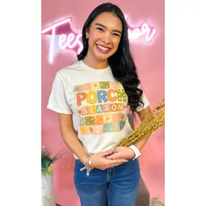 Tees2urdoor Women's Cotton Crew Neck Short-Sleeve T-Shirt - Casual Porch Season Print Streetwear Top, Natural Comfortable Fit, Pair with Joggers for Everyday Outfits