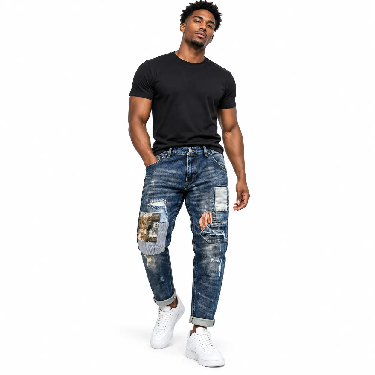 Men's Vintage Washed Patchwork Jeans, Distressed Tapered Denim Pants for Men, Ripped Streetwear Trousers with Mixed Fabric Patches, Casual Retro Hip Hop Jeans, Comfortable Everyday Fashion Denim Bottoms, Classic 5 Pocket Urban Style, S-2XL Street Fashion