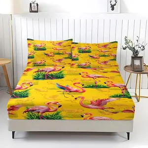 3Pcs Exotic Bohemian Dreamy Tropical Flamingo Fitted Sheet, HD Vibrant Colorfast Artistic Pattern, Stretchable Durable Anti-Slip Dustproof Mattress Cover for Bedroom Dorm Holiday Deco No Filler