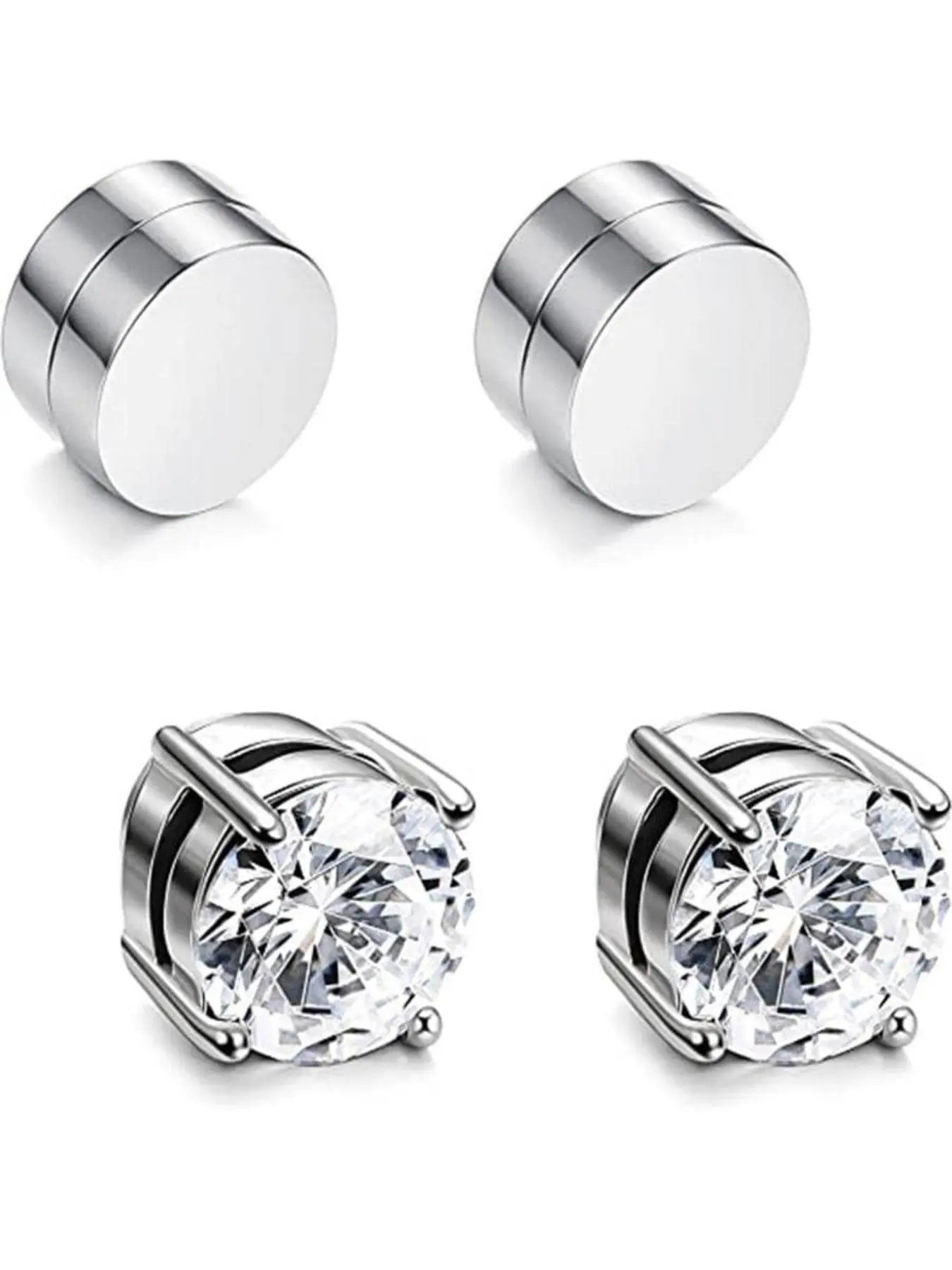 Magnetic Ear Cuffs Non Piercing Set, Silver Color Cubic Zirconia Earrings, Unisex Stainless Steel Jewelry, 4 Piece Kit, Ear Studs, Earcuff