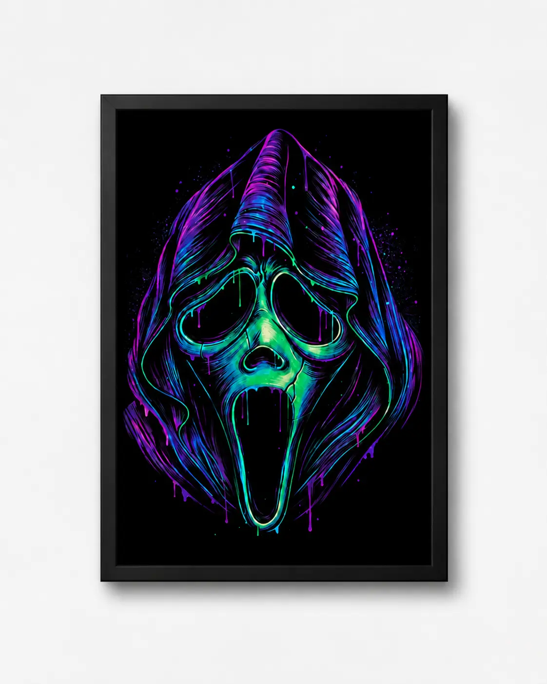 Neon Drip Ghost Face Scream Halloween Artwork, Vibrant Purple-Green Dark Horror Print, Stretched with Hooks, Black Gold Frame or Unframed Option, Bedroom Man Cave Decoration, Spooky Halloween Holiday Gift