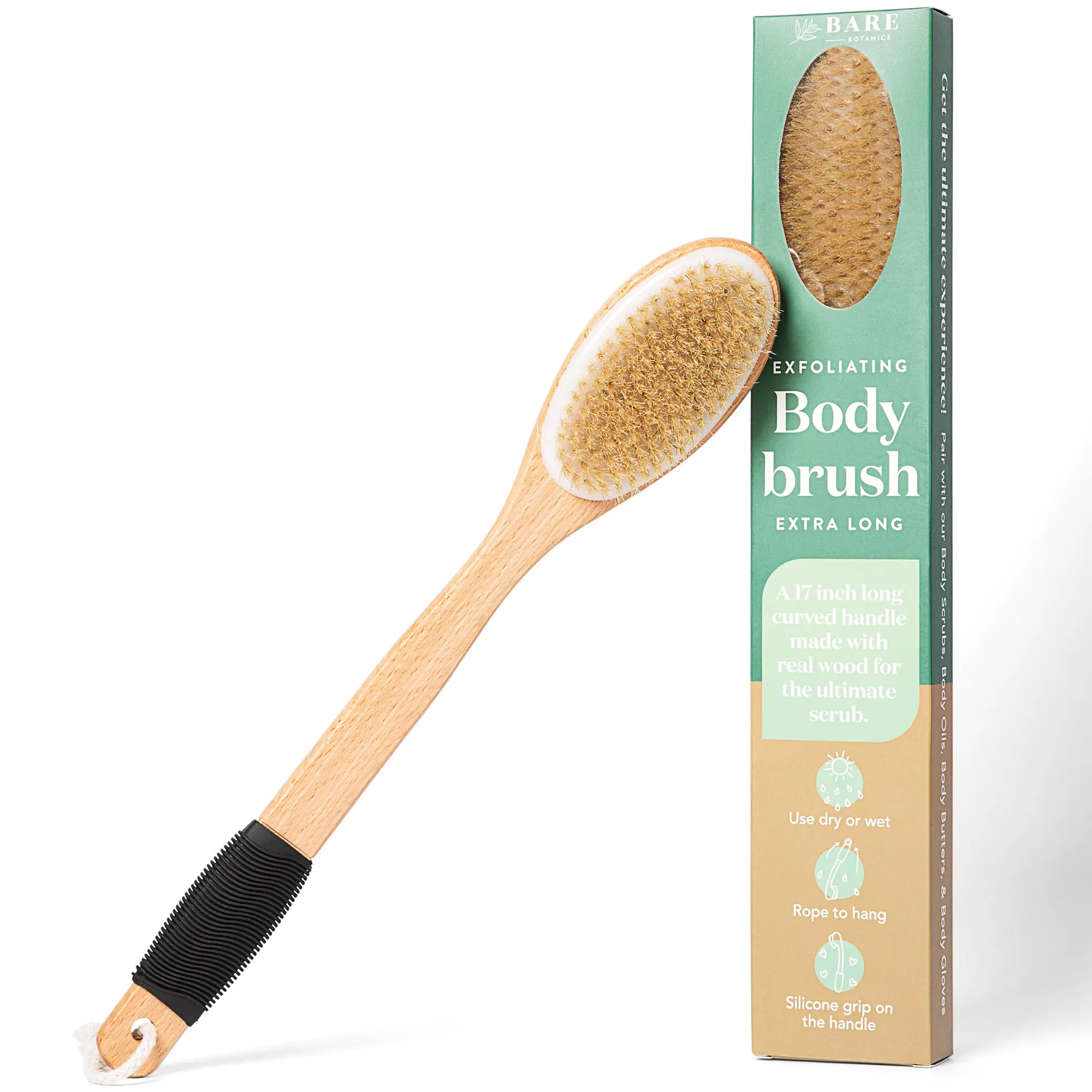 Bare Botanics Dry Brushing Body & Back Brush, Medium Firmness Natural Boar Bristles with Silicone Grip, 17" Extra Long Ergonomic Curved Handle Back Scrubber, Exfoliating Shower Brush for Lymphatic Drainage, Improved Circulation & Skin Smoothing