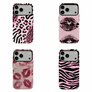 Pink Leopard Print Aesthetic Phone Case, Grunge Lips Print Vibe Phone Case, Compatible for iPhone 17 16 15 14 13 12 11 and for Samsung S21-S25, Wonderful Gift For Fashionable Girls