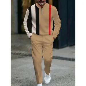 European and American men's 2-piece khaki sports suit (black and red stripe embellishment) |   Half open collar, contrasting design |   Skin friendly soft fabric, comfortable skin hugging |   Suitable for daily and weekend wear, casual and fashionable sty