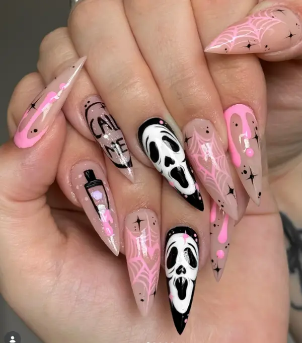 Pink Ghostface Halloween Press On Nails, Nude Stiletto Spider Web Nail Set, Black Pink Drip Horror Nails, Spooky Gothic Nail Art, Witchy Y2K