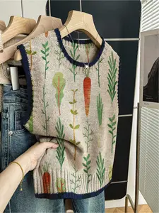 1 piece + Spring and summer back-to-school casual style loose round-neck sleeveless woolen knitted top with dark blue border and patchwork green plant print, women's outerwear, paired with a vest, worn alone, Womenswear