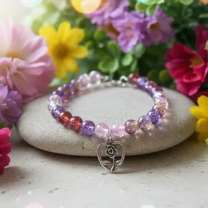 Red and Purple Crackle Glass Beaded Memory Wire Bracelet with Heart Charm - Colorful Design & Memory Wire Material