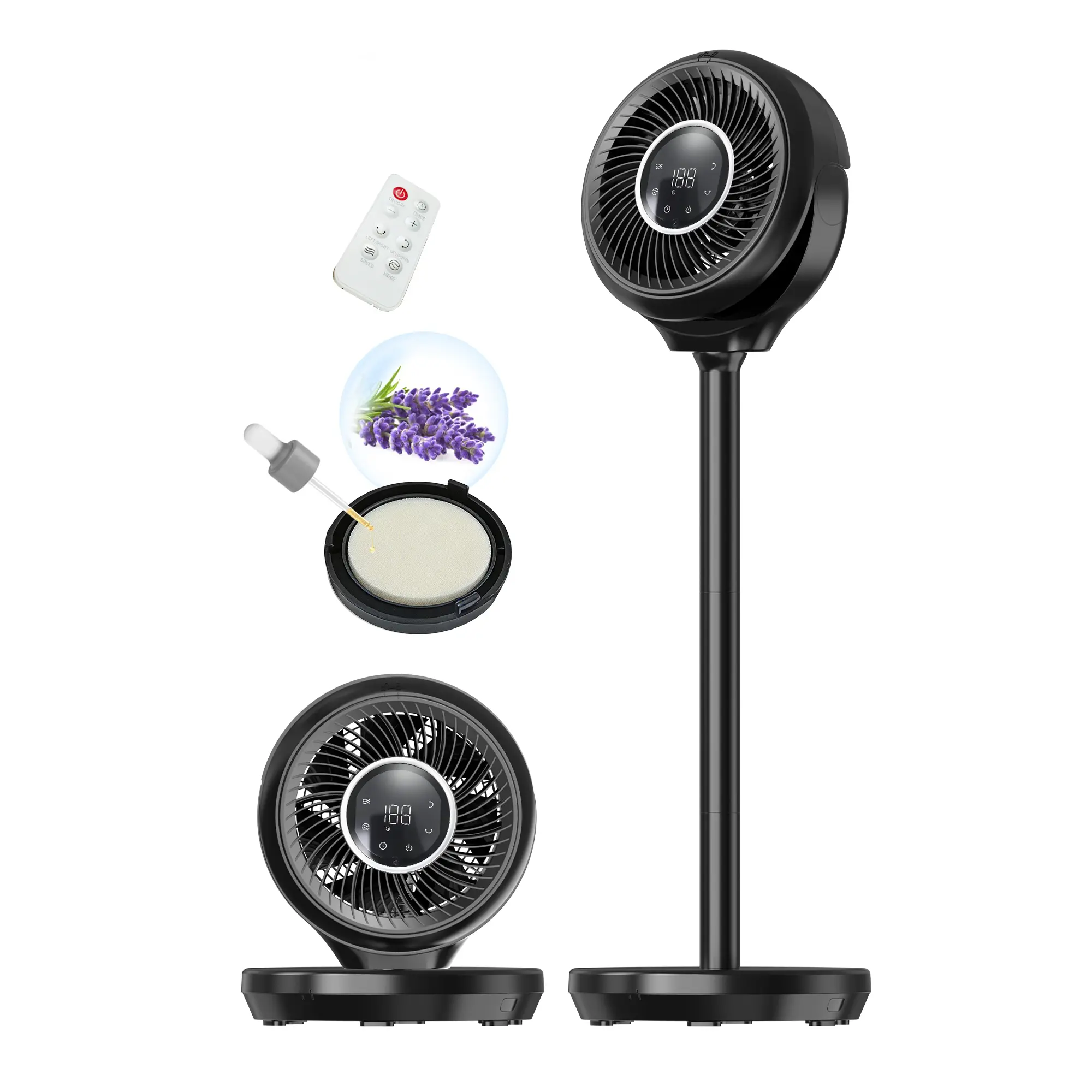 Adjustable Cooling Pedestal Fan for Bedroom - 180° Wide Oscillating, 90° Vertical Tilt, 25dB Ultra Quiet Motor, 15 Speed Circular Multi-Speed Settings, 3 Modes, 12H Timer, 15-38" Height Adjustable, Remote Control
