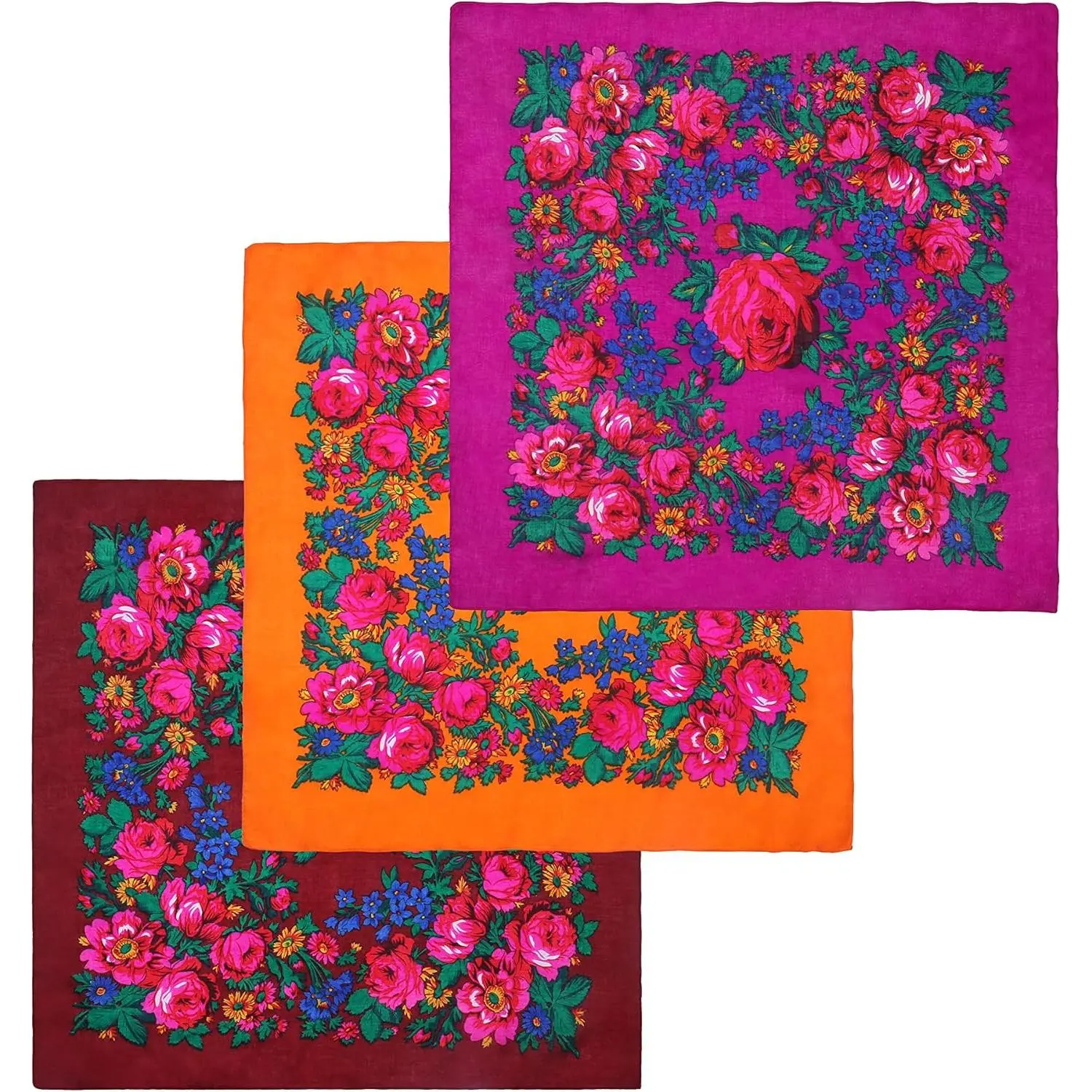 Bandana Printed Hair Scarf Square Ukrainian  Scarf Floral Babushka  Scarf for Women 30"/42"/60"