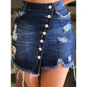 Vintage-Inspired Women's Denim Mini Skirt with Raw Hem and Distressed Details - Mid-Rise, Stretch Fabric, Multiple Button Closure, Frayed Edges - Casual Summer Wear, Plus Size Skirts