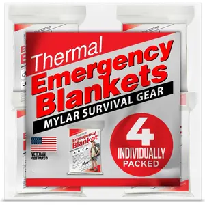 Emergency Blanket 4-Pack Space Mylar Blankets Survival Gear and Supplies Reusable Thermal Camping Hunting Essentials First Aid Car Backpacking Marathon Kit Prepper Go Rave Bug Out Bag Foil Cold Winter