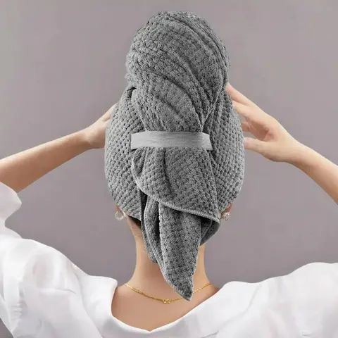 Hair Drying Fleece Towel, Solid Color Microfiber Soft Absorbent Hair Wrap Towel with Elastic Strap, Super Absorbent Towel, Quick Drying Towel, Large Hair Turban Towel for Wet Hair, Convenient Bathroom Accessories, Plopping Towel Curly Hair