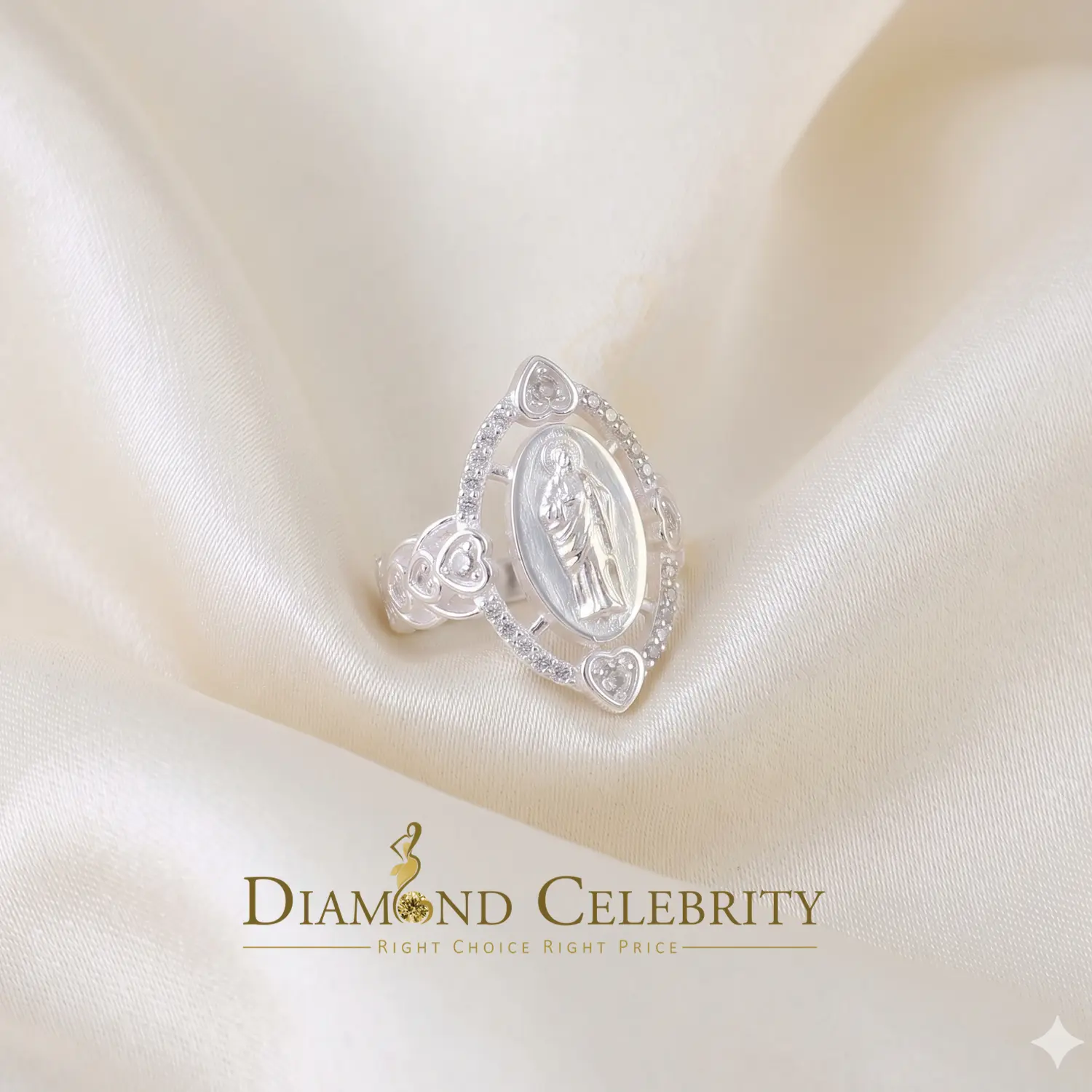 DiamondCelebritees White 925 Silver Saint Jude Thaddeus CZ Women's Medallion Religious Ring SZ 6