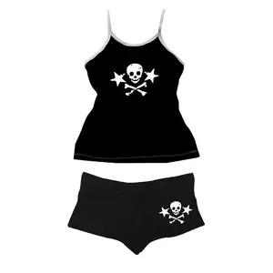 Skull Print Slim Fit Color Block Strap Shorts and Crop Top Set